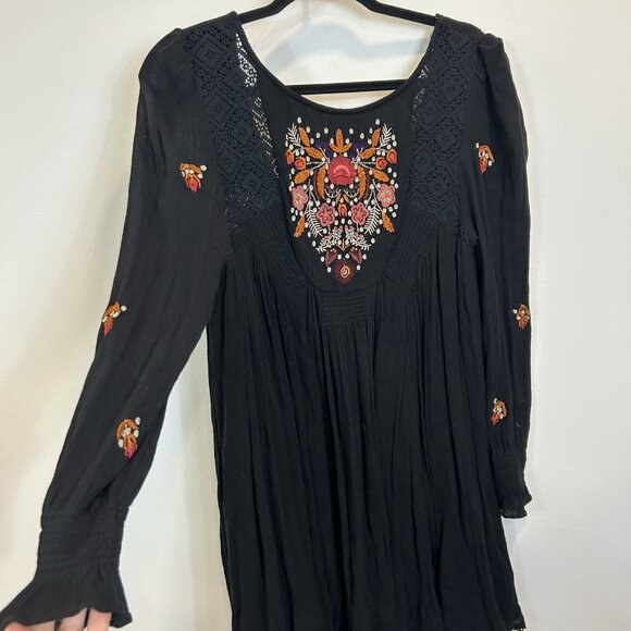 Free People Small Dress Black Mohave Embroidered Mini Tunic Lace Long Sleeve - Picture 4 of 13